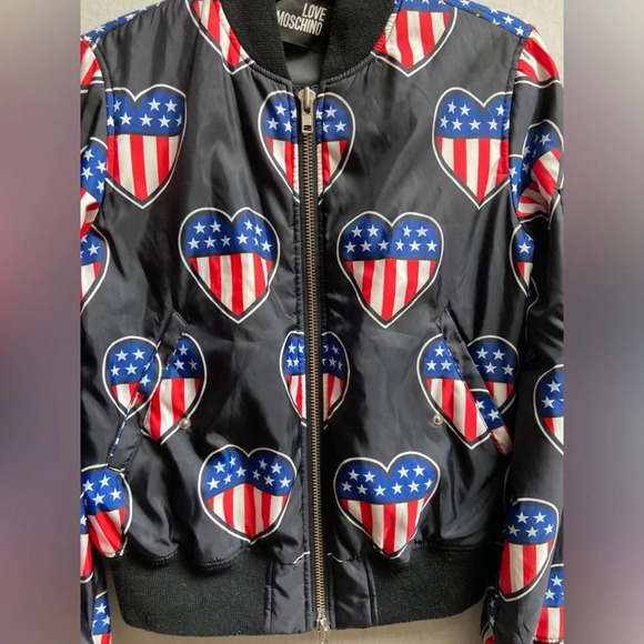 Love Moschino Bomber  Jacket With American Heart Flags Sz 4 - Picture 5 of 14